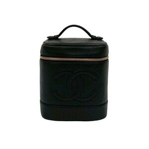 CHANEL Black Caviar Leather Logo Vanity Bag